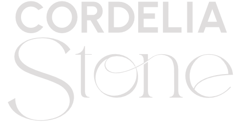 Olive Spencer, romance author - The image displays the text "CORDELIA Stone" in large, elegant, light gray font on a white background, with "Stone" written in a more decorative style.