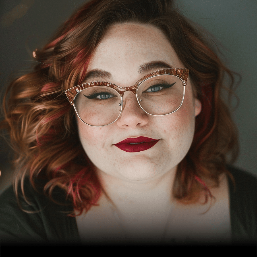 Olive Spencer, romance author - A woman with wavy auburn hair, wearing bold cat-eye glasses, dark red lipstick, and winged eyeliner, smiles gently at the camera against a softly blurred background.